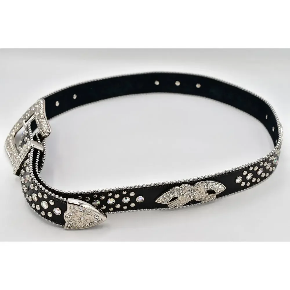 Black Genuine Leather Rhinestone Western Belt M/L Silver Studded Crystal Y2K